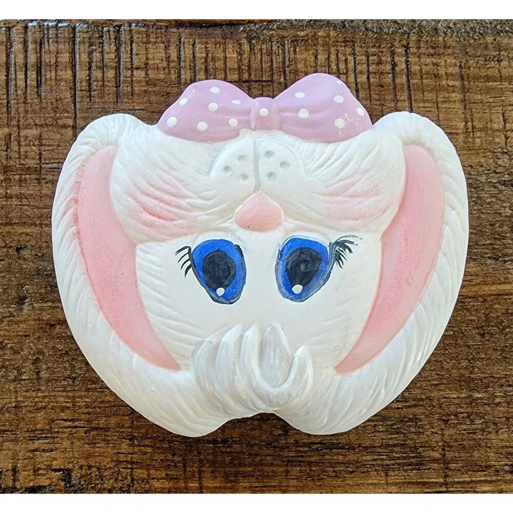 VTG Large Ceramic Hand Painted Easter Bunny Brooch Pin Blue Eyes Bow Kitsch